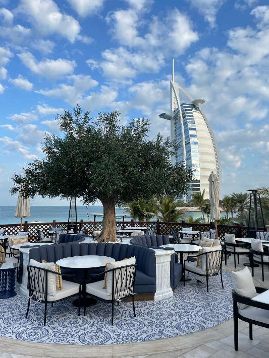 Sun-proof artificial plants in Dubai outdoor dining area