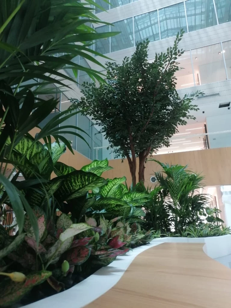 Lush indoor artificial plants and tree installation in a modern UAE office atrium, provided by artificial plant suppliers